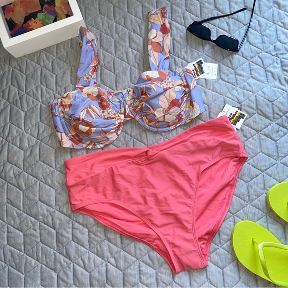Time and Tru Floral purple coral Bikini swimwear set size large 12-14 swimsuit - Picture 2 of 12
